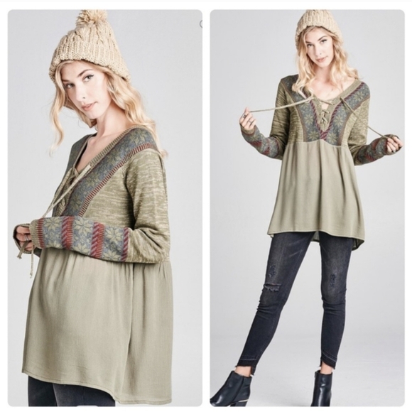 Boho Olive Green Lace-Up Neckline Top Peasant Tunic Long Sleeve Blouse NWOT‎ - Picture 8 of 8